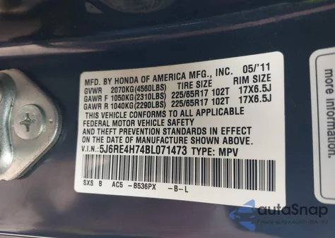 2011 Honda Cr-V Ex-L from USA, damaged, VIN 5J6RE4H74BL071473